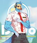  1boy artist_name belt dodo_(bird) doubutsu_no_mori feathers furry glasses headphones hoki male_focus muscle necktie pectorals rodrii_(doubutsu_no_mori) sky solo sunglasses 