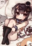  1girl :3 black_hair blush dress kantai_collection on_bed panties pantyhose pantyhose_pull pillow sailor_collar sailor_dress side-tie_panties smug solo stuffed_animal stuffed_dog stuffed_toy thick_eyebrows tokitsukaze_(kantai_collection) underwear undressing ushida_nakoruru white_panties 