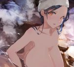  1girl bath bathing blue_hair blush breasts hair_up highres huge_breasts looking_to_the_side nude onsen open_mouth orange_eyes original outdoors partially_submerged rock sidelocks steam tomocha_(tmc_tmc8) towel towel_on_head water wet white_towel work_in_progress 