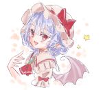  1girl bat_wings blue_hair bow brooch fang frills hand_up hat hat_bow jewelry looking_at_viewer maru_usagi mob_cap open_mouth pink_headwear pink_shirt pointy_ears red_bow red_eyes red_neckwear remilia_scarlet shirt short_hair smile solo star touhou upper_body wings 