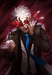  1boy blood blood_on_face bloody_hands blue_neckwear cyphers fingernails formal glowing glowing_eye holding holding_knife jack_the_ripper knife kogseu male_focus necktie one_eye_closed parted_lips red_eyes red_scarf scalpel scarf smile solo speed_lines suit white_hair 