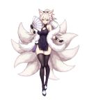  1girl absurdres animal_ear_fluff animal_ears black_dress black_gloves black_legwear breasts bright_pupils china_dress chinese_clothes cleavage covered_navel dress fan fang fingerless_gloves flipped_hair flower folding_fan fox_ears fox_tail full_body gloves green_eyes grey_hair hair_flower hair_ornament hair_stick heart heart-shaped_pupils highres kyuubi large_breasts looking_at_viewer multiple_tails original pelvic_curtain ponytail short_dress smile solo standing symbol-shaped_pupils tail thighhighs tzk white_pupils 
