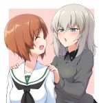  2girls bangs black_neckwear blouse blue_eyes blush brown_eyes brown_hair commentary dress_shirt eyebrows_visible_through_hair facing_another girls_und_panzer grey_shirt half-closed_eyes hands_on_another&#039;s_shoulders insignia itsumi_erika kuromorimine_school_uniform long_sleeves looking_at_another looking_back medium_hair multiple_girls nagomiya_(shousha) neckerchief nishizumi_miho ooarai_school_uniform outside_border pink_background school_uniform serafuku shirt short_hair silver_hair simple_background sweatdrop white_blouse 