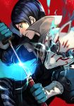  1boy animal_ears black_pants blue_gloves blue_hair collared_jacket fake_animal_ears fox_ears fox_mask gloves hankuri holding holding_sword holding_weapon katana kitagawa_yuusuke male_focus mask pants persona persona_5 profile smile solo sword weapon 