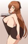  1girl backless_dress backless_outfit bangs black_dress blush breasts brown_hair commentary cup dress eyebrows_visible_through_hair from_side girls_frontline green_eyes hair_between_eyes holding holding_plate large_breasts long_hair looking_at_viewer m1903_springfield_(girls_frontline) nt00 plate revealing_clothes simple_background smile solo teacup waitress 