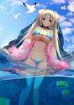  1girl azur_lane bangs bikini bird blue_bikini blue_sky blush braid breasts chan&#039;nu choker cleavage cloud commentary_request double_bun eyebrows_visible_through_hair fish formidable_(azur_lane) formidable_(the_lady_of_the_beach)_(azur_lane) gradient_sky groin in_water large_breasts long_hair looking_at_viewer navel partially_underwater_shot red_eyes sky swimsuit thigh_strap twintails underboob very_long_hair wading water wet 