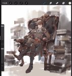  1boy black_gloves black_hair blue_neckwear book book_stack boots chair closed_mouth code_vein crossed_legs gloves hair_over_one_eye loladestiny louis_(code_vein) male_focus necktie open_book red_eyes resting sitting sketch solo 
