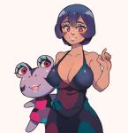  1girl aida_(doubutsu_no_mori) breasts cleavage covered_nipples doubutsu_no_mori dress frog grey_background kennymoney large_breasts makeup open_mouth personification pink_eyes purple_hair short_hair smile solo 