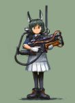  1girl absurdres animal_ears boots commentary full_body gloves green_eyes green_hair gun highres holding holding_gun holding_weapon hozumi_(ouchan) looking_at_viewer original pantyhose pleated_skirt science_fiction short_hair simple_background skirt solo trigger_discipline weapon 