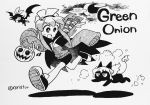  1girl :d absurdres aldegon_(rariatto) bat bike_shorts black_cat blush candy cape cat commentary_request crescent_moon english_commentary flying food greyscale hair_over_one_eye hairband halloween_costume hands_up highres holding ink_(medium) inktober jack-o&#039;-lantern konegi_(rariatto) long_sleeves mixed-language_commentary monochrome moon one_eye_covered open_mouth original rariatto_(ganguri) running shoes sleeves_past_fingers sleeves_past_wrists smile solo traditional_media twitter_username very_long_sleeves wings zakuro_(rariatto) 