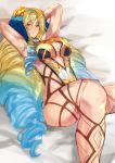  1girl aqua_hair armpits arms_behind_head arms_up astraea_(fate/grand_order) bangs bare_shoulders big_hair blonde_hair blush breasts cleavage closed_mouth drill_hair fate/grand_order fate_(series) gold_trim gradient_hair hair_ornament jikihatiman knees_up large_breasts leotard long_hair looking_at_viewer luviagelita_edelfelt lying multicolored_hair on_back parted_bangs quad_drills sideless_outfit solo thighs very_long_hair yellow_eyes yellow_leotard 