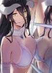  1girl absurdres against_glass against_window albedo arm_up armpits bare_shoulders bikini black_hair breast_press breasts cleavage collarbone detached_collar frilled_bikini frills gem green_eyes hair_between_eyes hews_hack highres horns large_breasts long_hair looking_at_viewer overlord_(maruyama) paid_reward parted_lips patreon_reward reflection sapphire_(gemstone) smile solo swimsuit upper_body very_long_hair white_bikini window 