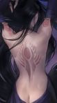  1girl arm_tattoo ass back_tattoo bare_back bare_shoulders black_hair blue_dress blue_sleeves butt_crack castlevania castlevania:_order_of_ecclesia detached_sleeves dimples_of_venus dress from_behind long_hair nat_the_lich shanoa solo tattoo very_long_hair 