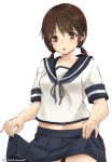  1girl :o bangs blue_skirt blush brown_eyes brown_hair dated eyebrows_visible_through_hair highres kantai_collection lifted_by_self looking_at_viewer low_twintails midriff navel parted_bangs pleated_skirt school_uniform serafuku shirayuki_(kantai_collection) short_sleeves short_twintails simple_background skirt skirt_lift solo timato twintails twitter_username white_background 