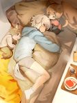  3boys animal_ears biting_hair blonde_hair blue_eyes blush cat_boy cat_ears cat_tail cellphone dog_boy dog_ears dog_tail food full_body highres multiple_boys one_eye_closed original phone pillow pillow_hug shirokujira shorts sleeping socks tail toast white_hair 