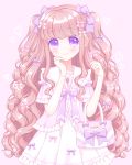  1girl bag bangs blush bow bracelet brown_hair closed_mouth commentary_request curly_hair dress eyebrows_visible_through_hair frilled_dress frilled_sailor_collar frills hair_bow handbag hands_up heart heart_background highres himetsuki_luna jewelry long_hair necklace original pearl_bracelet pearl_necklace pink_bow pleated_dress purple_background purple_bow purple_eyes sailor_collar sailor_dress simple_background smile solo two_side_up very_long_hair white_dress white_sailor_collar 