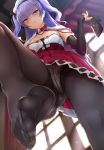  1girl absurdres ajax_(azur_lane) azur_lane bangs beret black_legwear blush breasts brown_footwear capelet detached_sleeves eyebrows_visible_through_hair fantia_reward feet foot_up foreshortening from_below hat highres holding holding_shoes ipuu_(el-ane_koubou) lace lace-trimmed_panties loafers long_hair looking_at_viewer no_shoes paid_reward panties panties_under_pantyhose pantyhose pantyshot pantyshot_(standing) pov_feet purple_hair red_eyes red_skirt retrofit_(azur_lane) shoes shoes_removed skirt small_breasts smile solo standing toe-point toes two_side_up underwear white_headwear 