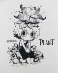  1girl absurdres bare_shoulders barefoot blush closed_mouth commentary dress english_commentary flower flower_on_head grey_background greyscale highres ink_(medium) inktober leaf leaf_on_head long_dress looking_at_viewer monochrome monster_girl original plant_girl rariatto_(ganguri) sanpaku short_hair simple_background sitting sleeveless sleeveless_dress solo traditional_media twitter_username wide-eyed 