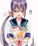  !! 1girl akebono_(kantai_collection) artist_logo bell blue_sailor_collar bouquet flower hair_bell hair_flower hair_ornament hatu_xxgoukan jingle_bell kantai_collection long_hair looking_at_viewer purple_eyes purple_hair rose sailor_collar school_uniform serafuku short_sleeves side_ponytail simple_background smile solo upper_body very_long_hair white_background 