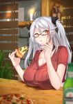  1girl absurdres ahoge alcohol alternate_costume azur_lane black_ribbon breast_rest breasts brown_eyes candle cheese choker cleavage commentary_request eating food hair_between_eyes hair_ribbon highres holding_pizza indoors j_yak47 large_breasts long_hair looking_to_the_side multicolored_hair open_mouth pizza plant prinz_eugen_(azur_lane) red-framed_eyewear red_shirt ribbed_shirt ribbon shirt short_sleeves silver_hair streaked_hair table two_side_up window 