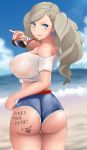  1girl ass bare_shoulders beach body_writing breasts covered_nipples earrings from_behind grey_hair heart heart_earrings highres jewelry large_breasts licking_lips looking_at_viewer looking_back midriff nail_polish naughty_face no_bra off_shoulder otohukebonne persona persona_5 see-through shirt short_shorts shorts solo sunglasses takamaki_anne tied_shirt tongue tongue_out twintails wet wet_clothes wet_shirt white_shirt 