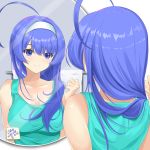  1girl ahoge arm_up blue_eyes blue_hair breasts chaesu cleavage collarbone commentary english_text from_behind hair_between_eyes hairband head_tilt highres huge_ahoge large_breasts light_smile long_hair looking_at_mirror mirror orie_(under_night_in-birth) reflection shirt simple_background sleeveless sleeveless_shirt solo standing sticky_note towel towel_rack under_night_in-birth upper_body very_long_hair white_background 