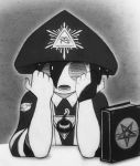  1boy aleister_crowley book commentary empty_eyes eye_of_horus grey_background greyscale gym_leader hands_up hat male_focus monochrome namesake occult onion_(pokemon) open_mouth parody pentagram pokemon pokemon_(game) pokemon_swsh short_hair solo table teer triangle 