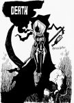  1girl absurdres cape commentary dark death_(entity) english_commentary facing_viewer gloves greyscale hair_over_face highres holding holding_weapon hood hood_up hooded_cape horror_(theme) ink_(medium) inktober monochrome original rariatto_(ganguri) scythe skeleton skull solo traditional_media twitter_username weapon 