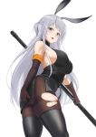  1girl absurdres animal_ears arknights ass bangs bare_shoulders belt black_belt black_legwear black_shirt blush breasts brown_gloves brown_legwear bunny_ears chinese_commentary commentary_request cowboy_shot elbow_gloves gloves grey_eyes grey_skirt highres holding large_breasts lazgear long_hair looking_at_viewer miniskirt open_mouth pantyhose pencil_skirt savage_(arknights) shirt side_slit sideboob silver_hair simple_background skindentation skirt sleeveless sleeveless_shirt solo standing thighband_pantyhose thighhighs thighs torn_clothes torn_legwear very_long_hair white_background 