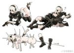  ass black_blindfold black_choker black_gloves black_hair blindfold boots choker closed_mouth gloves guro hair_between_eyes heart high_heels injury leotard loladestiny lying nier_(series) nier_automata nude on_side open_mouth puffy_sleeves short_hair shorts simple_background smile white_bag white_hair white_leotard yorha_no._2_type_b yorha_no._9_type_s 