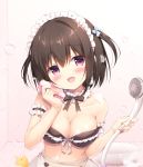  1girl :d apron bare_shoulders bikini black_bikini black_hair blue_bow blush bow breasts bubble cleavage collarbone commentary_request frilled_bikini frills hair_bow head_tilt highres holding indoors maid_headdress medium_breasts miyasaka_nako open_mouth original red_eyes short_hair shower_head smile soap_bubbles solo sponge swimsuit two_side_up upper_body waist_apron white_apron 