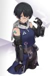  1girl arm_cannon bandaid bandaid_on_face bandaid_on_nose black_hair blue_eyes commentary_request cyborg grin gun hood hood_down jiang1274 original purple_eyes science_fiction short_hair simple_background skin_tight sleeveless smile smoke solo tattoo weapon 
