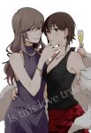  2girls age_difference arm_around_shoulder arm_around_waist bangs black_shirt bracelet breasts brown_eyes brown_hair champagne_flute closed_mouth commentary cup dress drinking_glass earrings english_text eyebrows_visible_through_hair formal girls_und_panzer half-closed_eyes halterneck hand_on_another&#039;s_face holding holding_cup jewelry lips long_hair looking_at_viewer mature medium_breasts multiple_girls necklace nishizumi_maho pearl_necklace purple_dress red_skirt shawl shimada_chiyo shirt short_hair simple_background skirt sleeves smile standing white_background yuri yuuhi_(arcadia) 