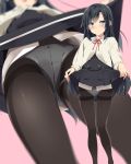  1girl asashio_(kantai_collection) ass_visible_through_thighs bangs black_hair black_legwear blue_eyes blurry blush closed_mouth commentary_request crotch_seam depth_of_field eyebrows_visible_through_hair feet_out_of_frame from_below high-waist_skirt highres kantai_collection lifted_by_self long_hair long_sleeves mtu_(orewamuzituda) multiple_views neck_ribbon panties panties_under_pantyhose pantyhose pink_background red_neckwear red_ribbon ribbon shirt simple_background skirt skirt_lift smile standing thighband_pantyhose underwear very_long_hair white_panties white_shirt 