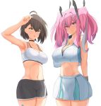  2girls :o ahoge arm_up armpits azur_lane baltimore_(azur_lane) baltimore_(black_ace)_(azur_lane) bandaid_on_leg bangs bare_shoulders berururu black_shorts blush braid breasts bremerton_(azur_lane) bremerton_(scorching-hot_training)_(azur_lane) brown_hair cleavage closed_mouth commentary_request cowboy_shot crop_top crop_top_overhang hair_between_eyes headgear heart heart_necklace highres large_breasts long_hair midriff multicolored_hair multiple_girls navel open_mouth pink_hair pleated_skirt red_eyes shirt short_hair short_shorts shorts skirt sleeveless sleeveless_shirt smile sports_bra sportswear standing stomach streaked_hair sweat tennis_uniform thighs toned two-tone_skirt two_side_up white_skirt white_sports_bra 