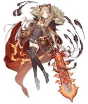  1girl animal_ears belt blonde_hair boots cloak cloak_lift corset fake_animal_ears full_body fur_trim grin hairband hood hood_down hooded_cloak ji_no little_red_riding_hood_(sinoalice) lock long_hair looking_at_viewer official_art orange_eyes padlock sinoalice smile solo sword thigh_boots thighhighs transparent_background weapon 