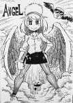  +_+ 2girls absurdres aldegon_(rariatto) angel_wings blush clenched_hands closed_mouth collared_shirt commentary dot_nose dress_shirt english_commentary feathered_wings greyscale hairband halo hand_on_hip highres ink_(medium) inktober legs_apart looking_at_viewer miniskirt monochrome multiple_girls original pantyhose pencil_skirt rariatto_(ganguri) shirt short_hair skirt smile solo_focus sunglasses thumbs_down traditional_media twitter_username watch wing_collar wings wristwatch 