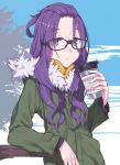  1girl arm_support bangs_pinned_back commentary fur_trim glasses highres holding jacket kagamihara_sakura long_hair nike_(smaaaash) outdoors purple_hair snow solo yurucamp 