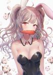  1girl animal_ears bangs bare_shoulders blush breasts bunny_ears bunnysuit carrot chromatic_aberration cleavage collarbone covered_navel detached_collar flower grey_hair long_hair looking_at_viewer medium_breasts mouth_hold original ozzingo red_eyes solo upper_body wavy_hair white_background 
