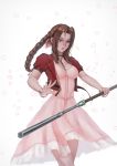  1girl absurdres aerith_gainsborough bluecup bolo_tie bow bracelet braid breasts brown_hair cropped_jacket dress final_fantasy final_fantasy_vii final_fantasy_vii_remake glowing_petals green_eyes hair_bow highres jacket jewelry looking_at_viewer materia petals pink_dress red_jacket serious simple_background solo staff weapon 