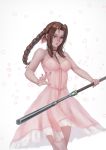  1girl absurdres aerith_gainsborough bluecup bolo_tie bow bracelet braid breasts brown_hair dress final_fantasy final_fantasy_vii final_fantasy_vii_remake glowing_petals green_eyes hair_bow highres jewelry looking_at_viewer materia petals pink_dress serious simple_background solo staff weapon 