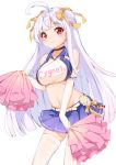  1girl absurdres ahoge azur_lane bangs black_choker blue_skirt blush breasts cheerleader choker collarbone commentary_request cygnet_(azur_lane) elbow_gloves eyebrows_visible_through_hair gloves hair_ornament hair_ribbon highres large_breasts long_hair looking_at_viewer navel red_eyes revision ribbon simple_background skirt smile solo thighhighs tming white_background white_gloves white_hair white_legwear yellow_ribbon 