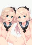  2girls :d absurdres adapted_costume alakoala artist_name blonde_hair blue_eyes blue_sailor_collar blush breasts collarbone commentary_request dated groin hat highres janus_(kantai_collection) jervis_(kantai_collection) kantai_collection long_hair multiple_girls navel nipples nude open_mouth sailor_collar sailor_hat short_hair signature small_breasts smile swimsuit take_your_pick white_headwear 