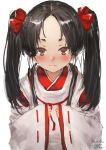  1girl alternate_hairstyle black_hair brown_eyes japanese_clothes kantai_collection kariginu long_hair looking_at_viewer miko nisshin_(kantai_collection) ribbon-trimmed_sleeves ribbon_trim short_eyebrows solo thick_eyebrows toka_(marchlizard) twintails upper_body very_long_hair 