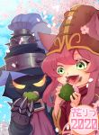  animal_ears blue_sky blush cherry_blossoms cloud dated eating fingernails flower gauntlets glowing glowing_eyes green_eyes hat highres holding large_hat leaf league_of_legends long_hair lulu_(league_of_legends) nnntarpe open_mouth outdoors petals pink_flower sky smile spikes teeth tongue turtleneck upper_body upper_teeth veigar yellow_eyes 