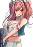 1girl :q absurdres azur_lane bangs bare_shoulders blush breasts bremerton_(azur_lane) bremerton_(scorching-hot_training)_(azur_lane) center_opening cleavage commentary_request eyebrows_visible_through_hair hair_between_eyes hair_intakes hair_ornament hairclip highres holding_racket huge_breasts large_breasts long_hair looking_at_viewer midriff mole mole_under_eye multicolored_hair navel navel_piercing piercing pink_hair popped_collar racket red_eyes rei_(ilust9999) shirt skirt sleeveless sleeveless_shirt sportswear streaked_hair tennis_racket tennis_uniform tongue tongue_out twintails two-tone_shirt two-tone_skirt x_hair_ornament 