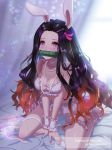  1girl animal_ears ankle_cuffs arms_between_legs artist_name barefoot black_hair bra breasts bunny_ears character_name choker cleavage curly_hair gradient_hair hair_ribbon highres kamado_nezuko kimetsu_no_yaiba kneeling leaning_forward long_hair medium_breasts microskirt multicolored_hair pink_eyes pink_ribbon pleated_skirt red_hair ribbon shiny shiny_hair skirt solo thigh_strap underwear very_long_hair white_bra white_skirt xw_kana 