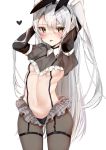  1girl alternate_costume amatsukaze_(kantai_collection) animal_ears arms_up bangs black_legwear blush breasts bunny_ears chigasaki_y fake_animal_ears hair_between_eyes heart highres kantai_collection long_hair meme_attire pantyhose reverse_bunnysuit reverse_outfit simple_background small_breasts solo strap tongue tongue_out two_side_up white_background yellow_eyes 