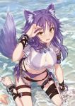  1girl aki_makoto animal_ear_fluff animal_ears barefoot bikini bikini_under_clothes blush breasts brown_eyes cleavage highres long_hair m-ya navel partially_submerged princess_connect! princess_connect!_re:dive purple_bikini purple_hair see-through shirt solo swimsuit wet wet_clothes white_shirt 