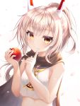  1girl absurdres apple ayanami_(azur_lane) azur_lane bare_shoulders blush breasts brown_eyes closed_mouth eyebrows_visible_through_hair food fruit hair_between_eyes hair_ornament headgear high_ponytail highres ichizon long_hair looking_at_viewer ponytail sailor_collar school_uniform shirt sidelocks simple_background smile solo white_background 